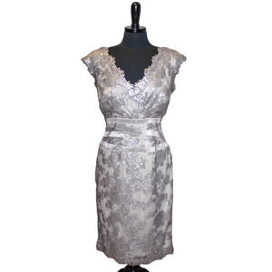 Tadashi Shoji V Neck Sheath Dress Silver Gray Sequin Lace Size 10